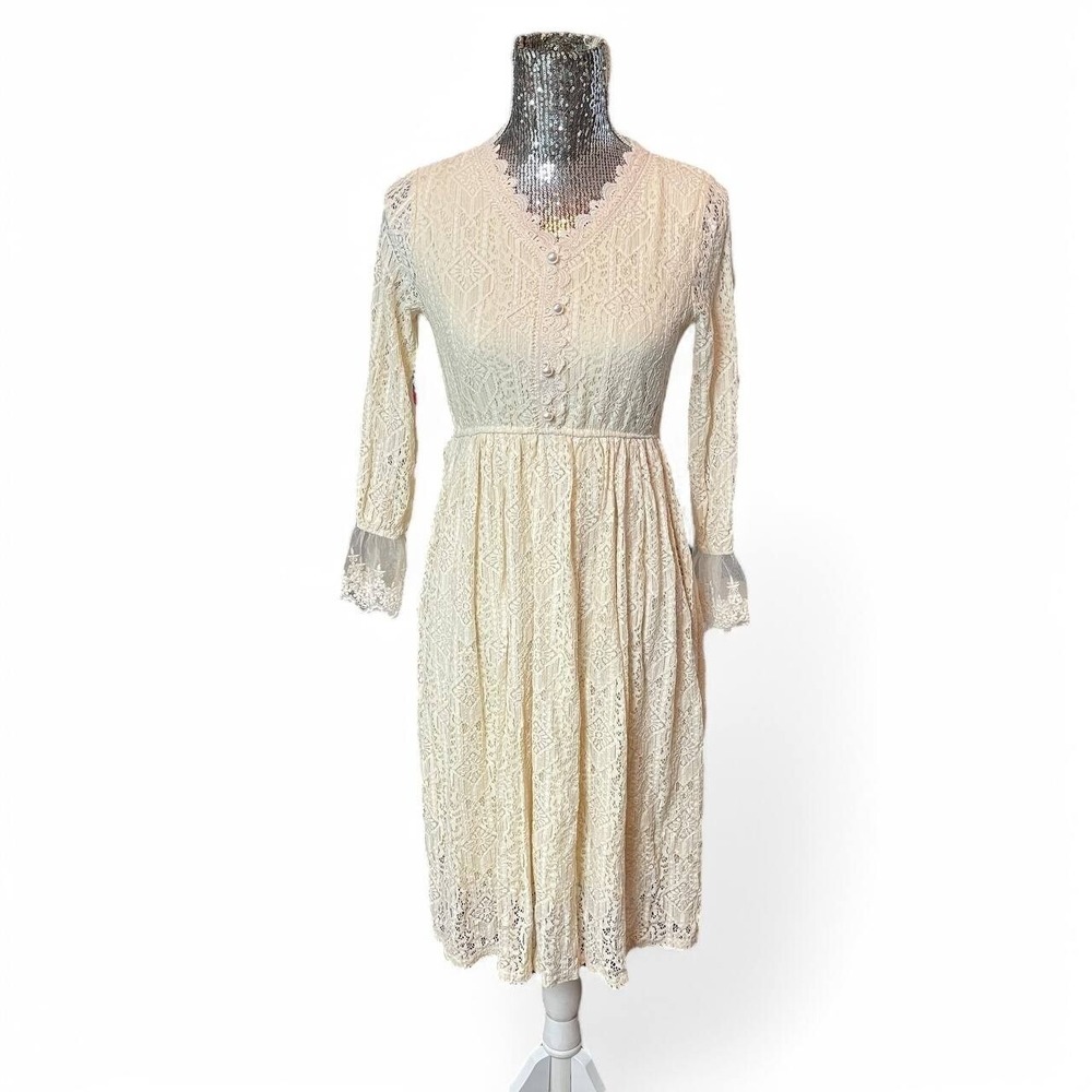 Cottagecore Prairie Lace‎ Midi Dress Romantic Feminine Soft Dainty Modest XS